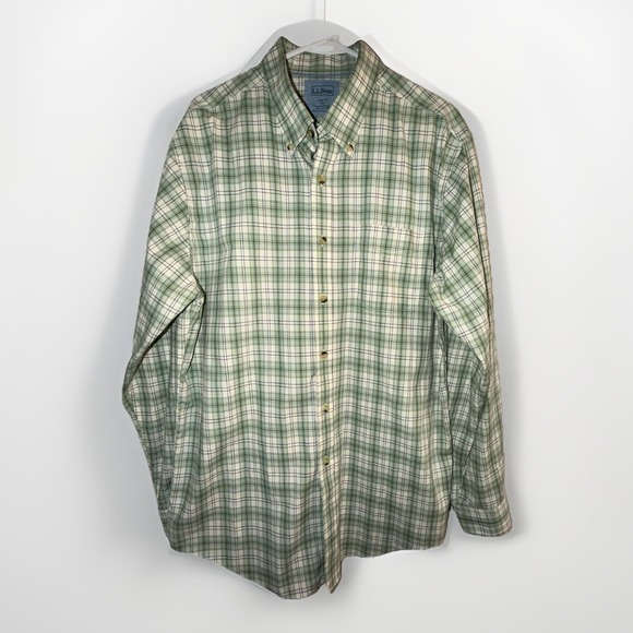 L.L. Bean Shirt Mens Large Green Plaid Button Down Long Sleeve Trim Fit - Picture 1 of 5
